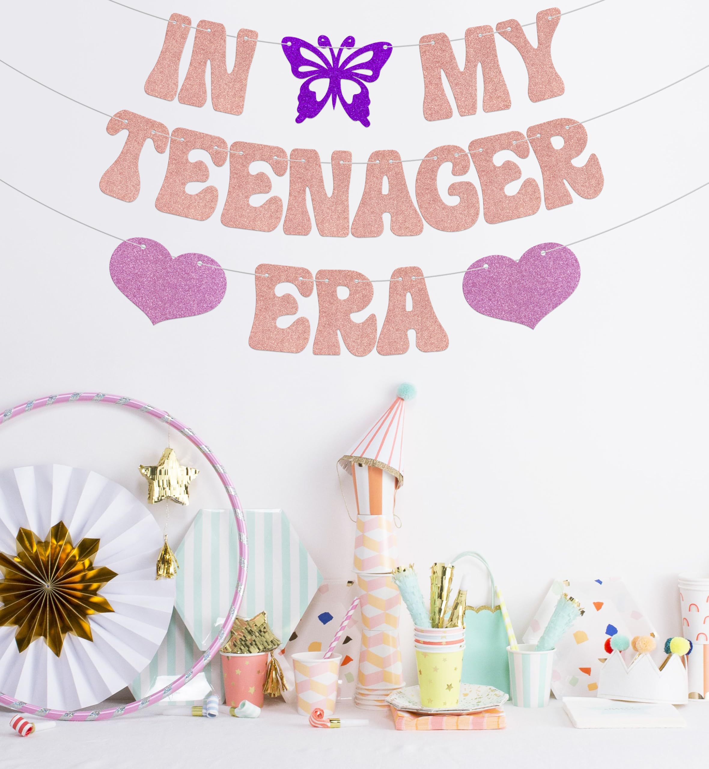 in My Teenager Era Banner,OMG UR a Teenager 13th Birthday Party Decorations,Butterfly Theme Girls 13th Birthday Party Decor,Happy 13th Birthday Anniversary Party Supplies Rose Gold Purple Red