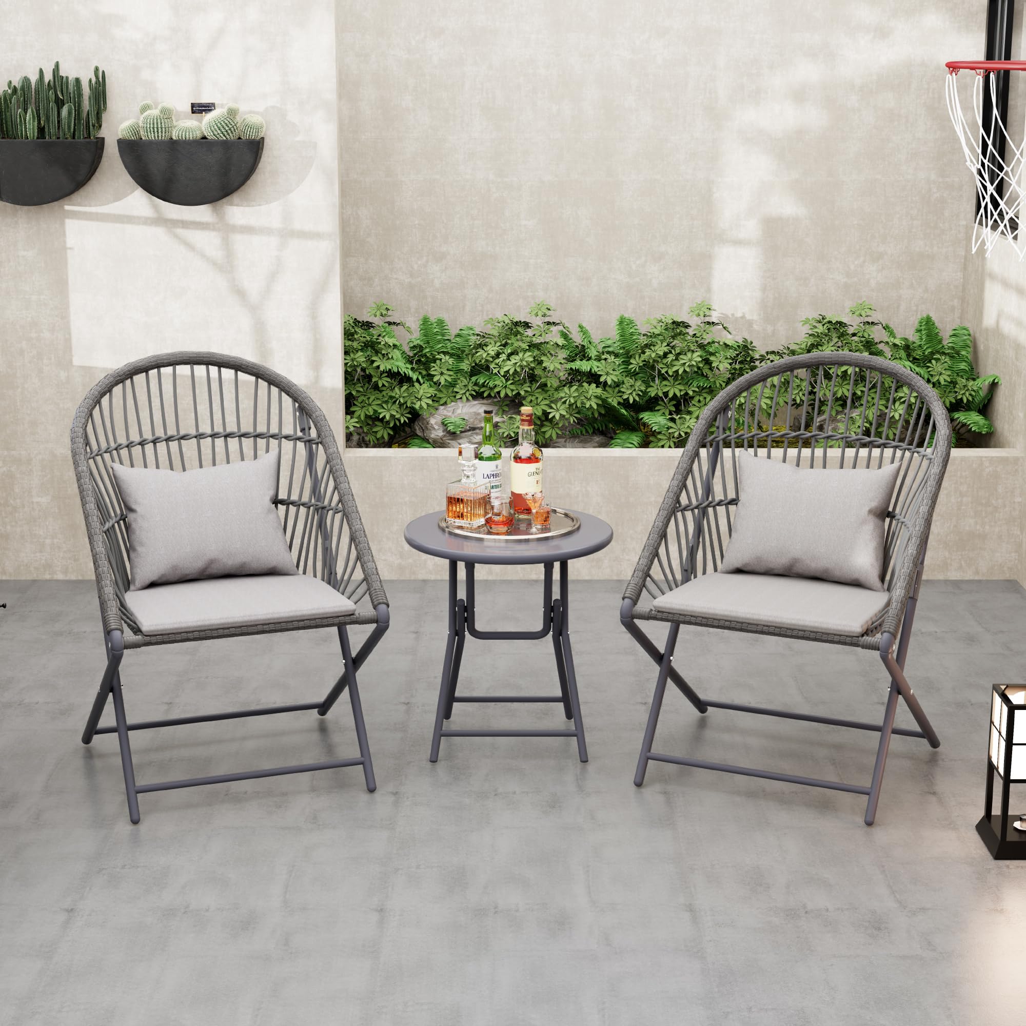 HWB Foldable 3-Piece Patio Bistro Set with Folding Rattan Chairs and Round Table - Small Outdoor Furniture for Balcony, Garden, Backyard, Restaurant, Cafe Bar (Grey)