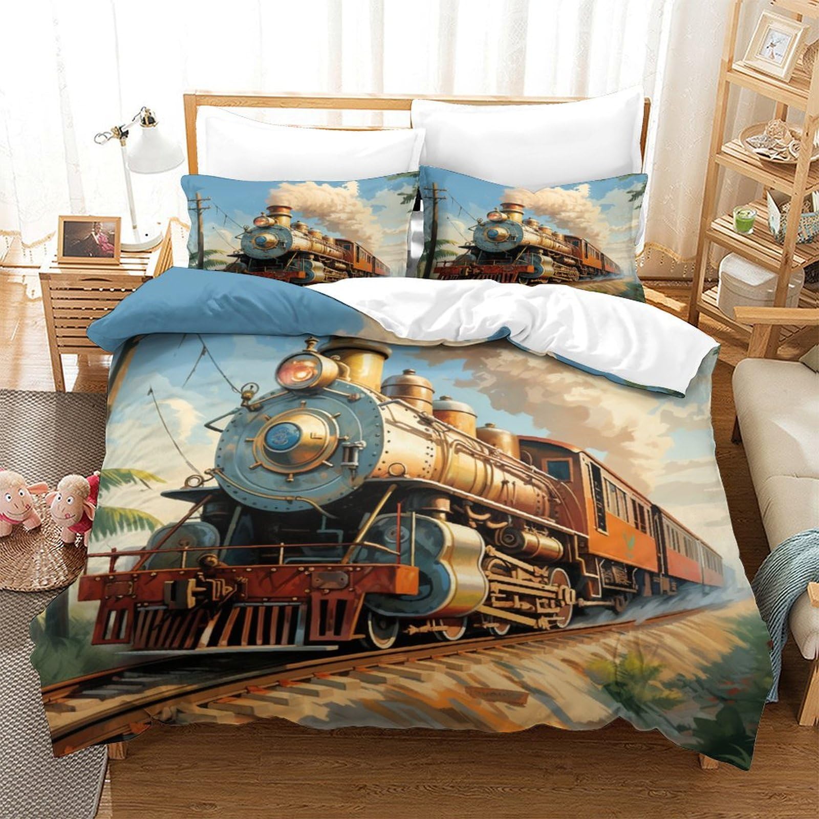 EVMILA Steam Train Comforter Covers for Boys Girls 3D Print Steampunk Duvet Cover Quilt Cover with Pillow Cases with Zipper Closure Bedding Set Soft Microfiber 3 Pieces Twin（173x218cm）