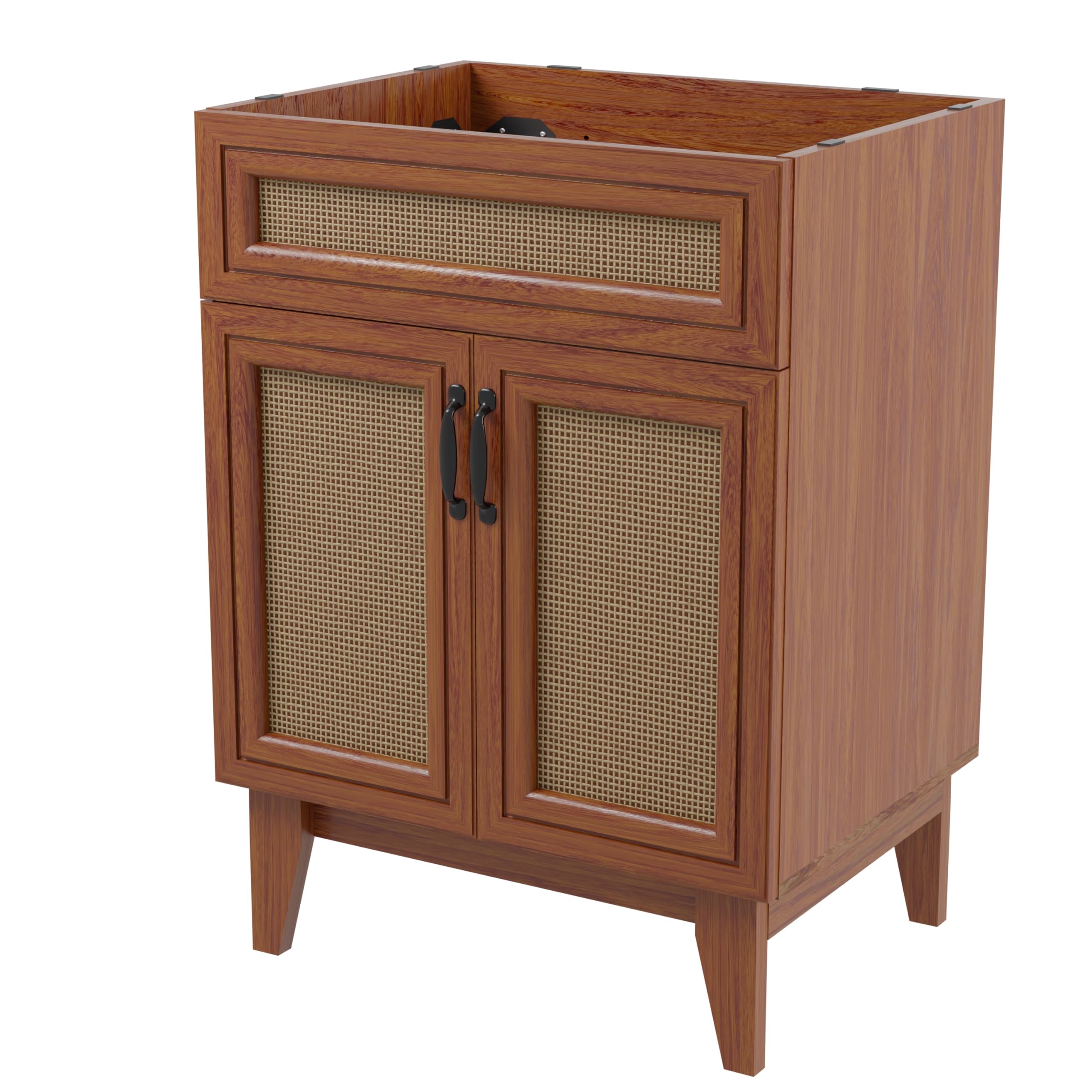 JONATHAN Y VAN1009B Javer 24 in. W x 18 in. D x 33 in. H Rattan Modern Farmhouse 2-Shelf Bath Vanity Cabinet Only (Sink Basin not Included), Walnut