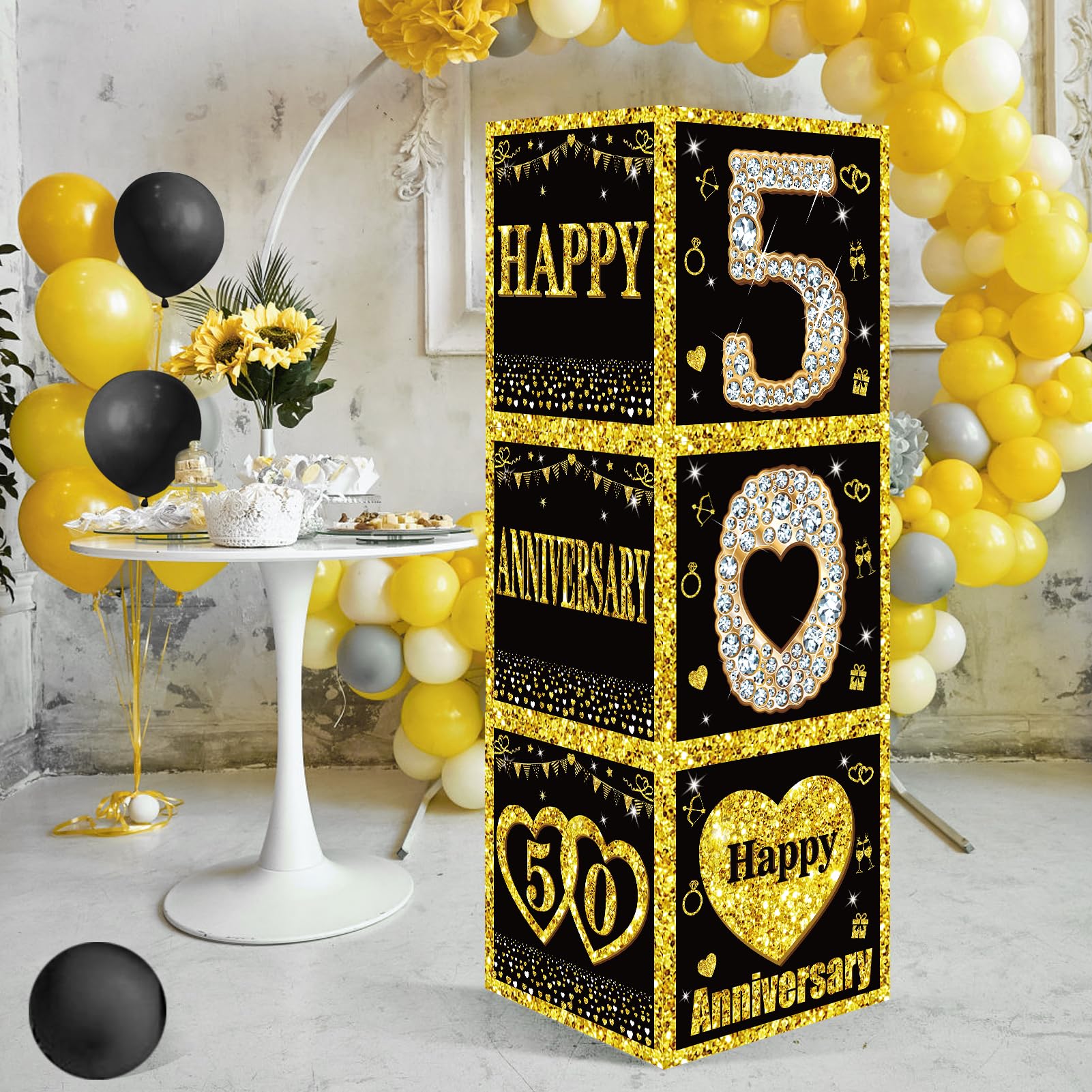 Zirtorei 3Pcs 50th Wedding Anniversary Decorations Boxes, Black Gold Happy 50 Anniversary Balloons Boxes Party Supplies, Fifty Year Old Marriage Anniversary Theme Cardboard Box