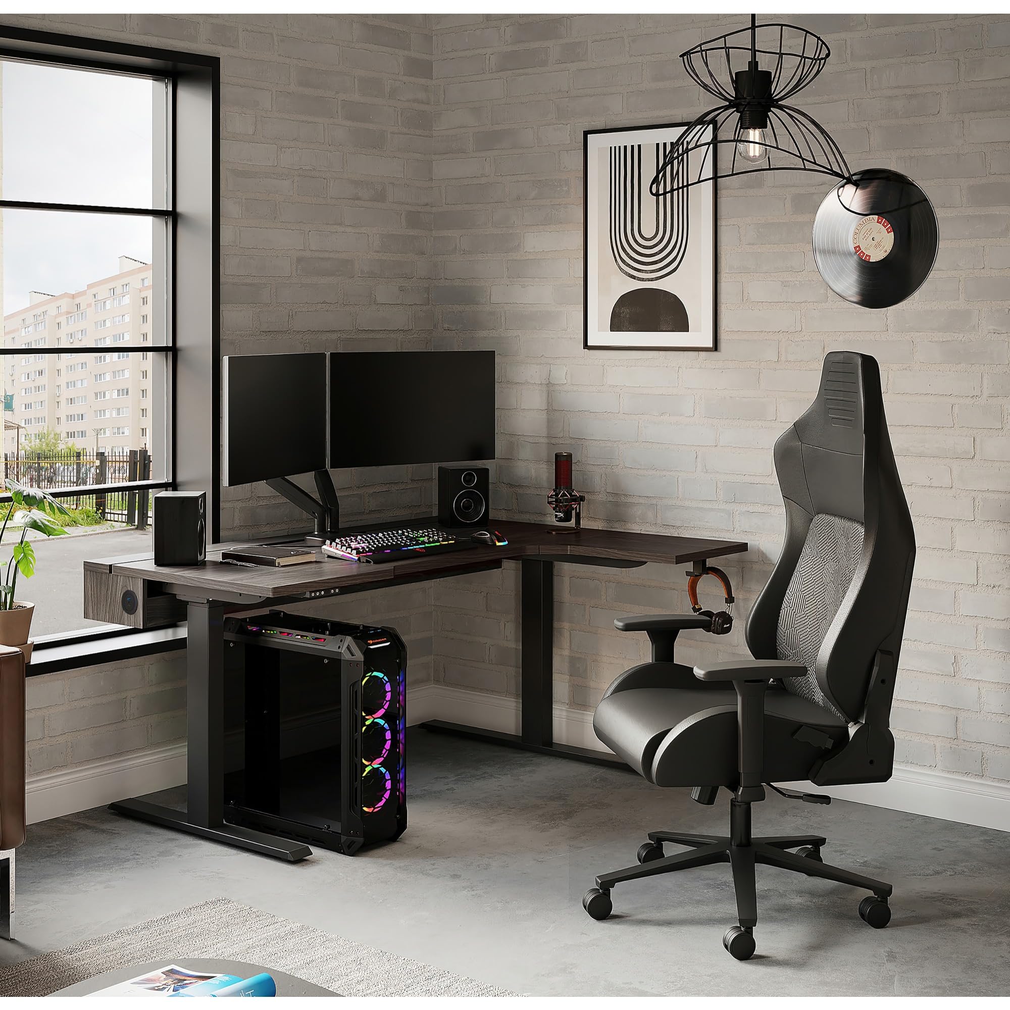 Realspace® Koru Electric 59"W L-Shaped Height-Adjustable Standing Desk with Integrated Power & Charging, Espresso Oak