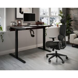 Realspace® Koru Electric 59"W L-Shaped Height-Adjustable Standing Desk with Integrated Power & Charging, Espresso Oak