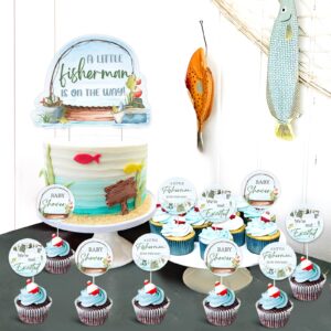 kreat4joy Fishing Baby Shower Decorations for Boy, Gone Fishing Baby Shower Decorations, A Little Fisherman Is on the Way Banner Cake Cupcake Toppers Blue Green Brown Balloons for Fish Baby Shower