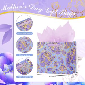 13" Purple Large Gift Bag with Card and Tissue Paper for women Celebrating Birthdays, Valentine's Day, Weddings, Anniversaries, Mother's Day, Easter, Baby Showers(Purple,1PCS Flower Gift Bag)