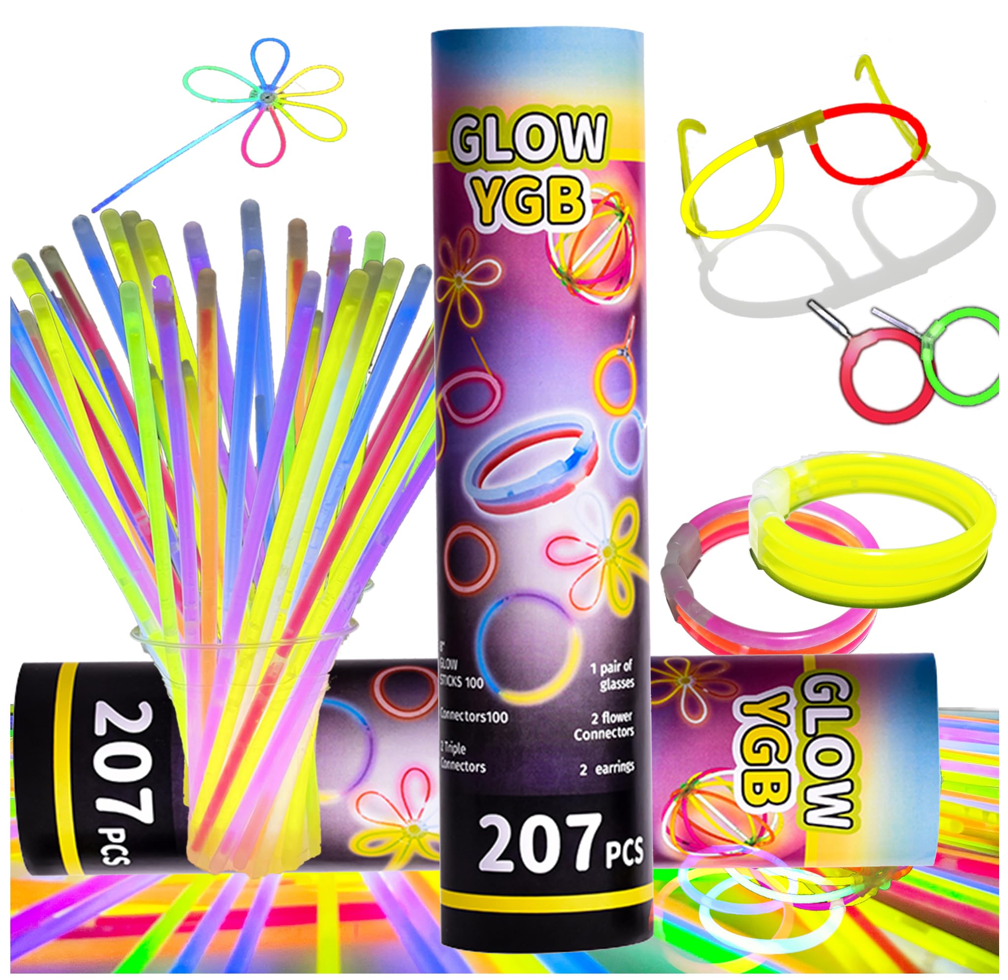 Glow Sticks 207Pcs Bulk Party Pack 8” Glow In The Dark Sticks Glow Party Supplies Bracelets And Glow Eyeglasses And Necklaces Earrings Favors For You... (207PCS)