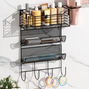 vitviti metal hair tool organizer wall mount, hair dryer holder with 3 tier shelf basket hooks, bathroom hair styling tool organizer for curling iron/blow dryer/straightener, matte black