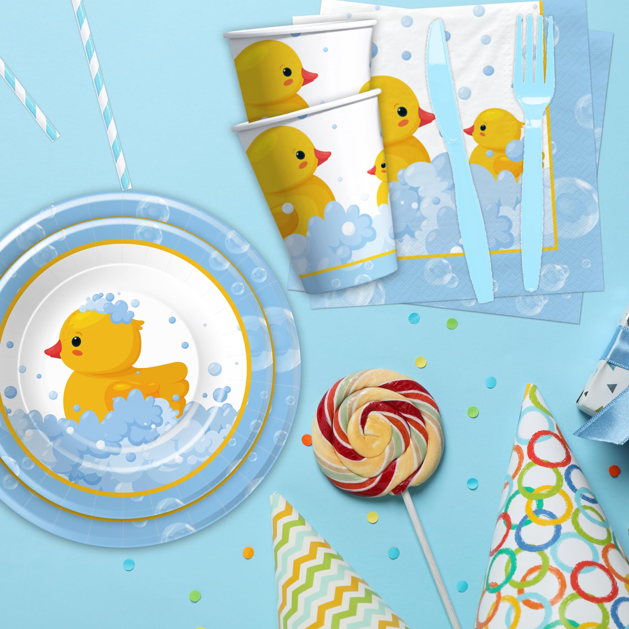 APOWBLS Rubber Duck Party Decorations Tableware - Duck Party Supplies, Plate, Cup, Napkin, Tablecloth, Cutlery, Bubble Bath Rubber Duck Theme Birthday Baby Shower Decorations Dinnerware | Serve 24