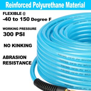 YOTOO Reinforced Polyurethane Air Hose 1/4" Inner Diameter by 100' Long, Flexible, Heavy Duty Air Compressor Hose with Bend Restrictor, 1/4" Swivel Industrial Quick Coupler and Plug, Blue