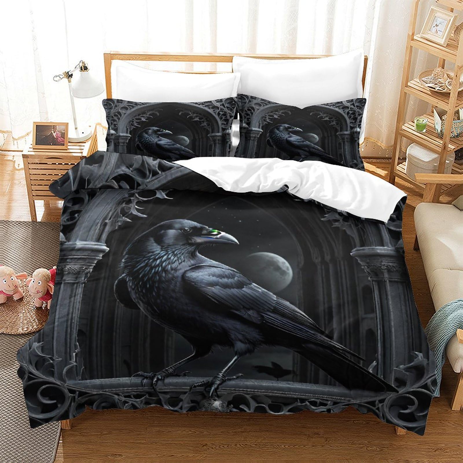 EVMILA Gothic Crow Quilt Cover Comforter Covers 3D Print Dark Castle for Teens and Adults Duvet Cover with Pillow Cases Bedding Set with Zipper Closure Soft Microfiber 3 Pieces Queen（228x228cm）