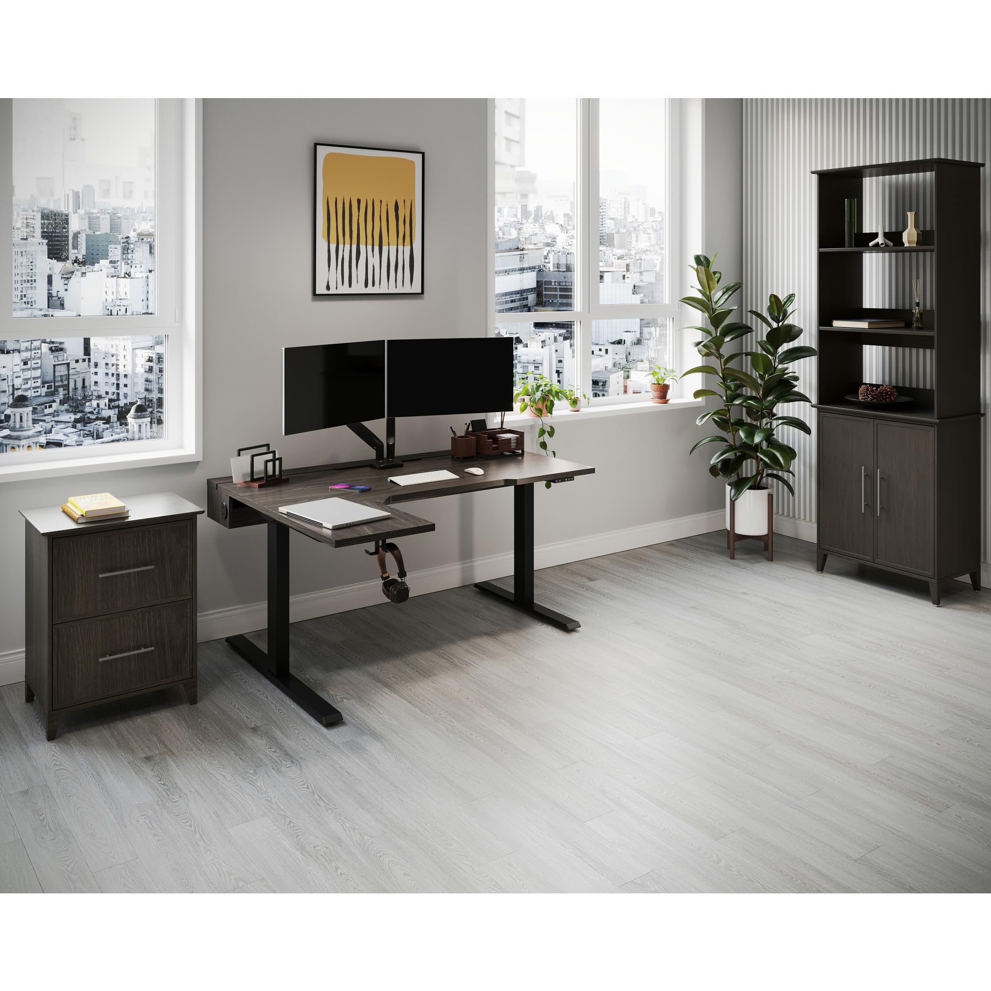 Realspace® Koru Electric 59"W L-Shaped Height-Adjustable Standing Desk with Integrated Power & Charging, Espresso Oak