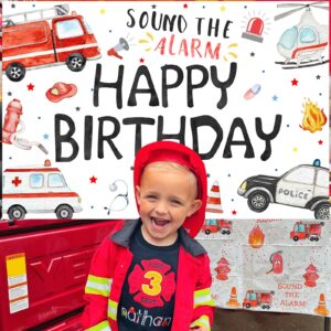 Wonmelody Emergency Birthday Decorations Backdrop Happy Birthday Sound the Alarm Backdrop Banner Rescue Vehicle Birthday Party Supply Team Rescue Backdrop First Responder Transportation Party