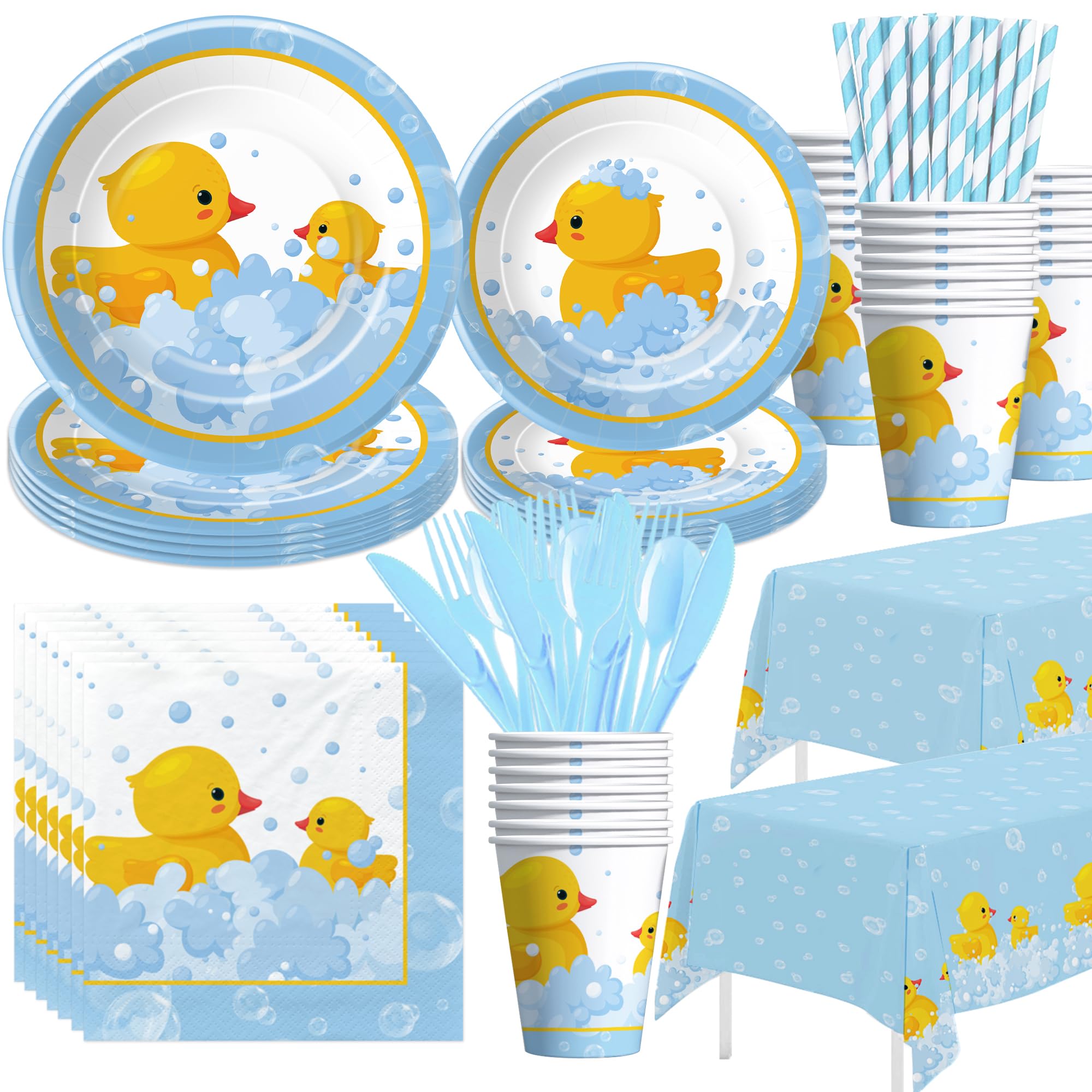 APOWBLS Rubber Duck Party Decorations Tableware - Duck Party Supplies, Plate, Cup, Napkin, Tablecloth, Cutlery, Bubble Bath Rubber Duck Theme Birthday Baby Shower Decorations Dinnerware | Serve 24