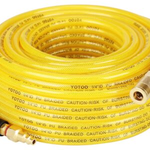 YOTOO Reinforced Polyurethane Air Hose 1/4" Inner Diameter by 100' Long, Flexible, Heavy Duty Air Compressor Hose with Bend Restrictor, 1/4" Swivel Industrial Quick Coupler and Plug, Yellow