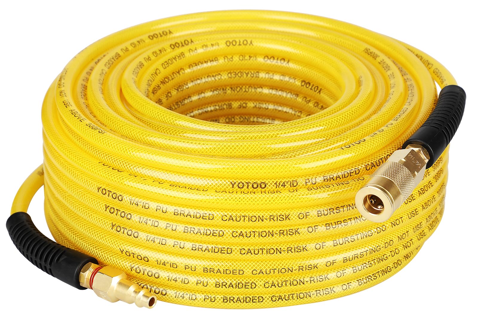 YOTOO Reinforced Polyurethane Air Hose 1/4" Inner Diameter by 100' Long, Flexible, Heavy Duty Air Compressor Hose with Bend Restrictor, 1/4" Swivel Industrial Quick Coupler and Plug, Yellow