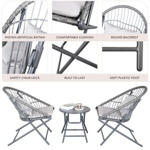 HWB Foldable 3-Piece Patio Bistro Set with Folding Rattan Chairs and Round Table - Small Outdoor Furniture for Balcony, Garden, Backyard, Restaurant, Cafe Bar (Grey)