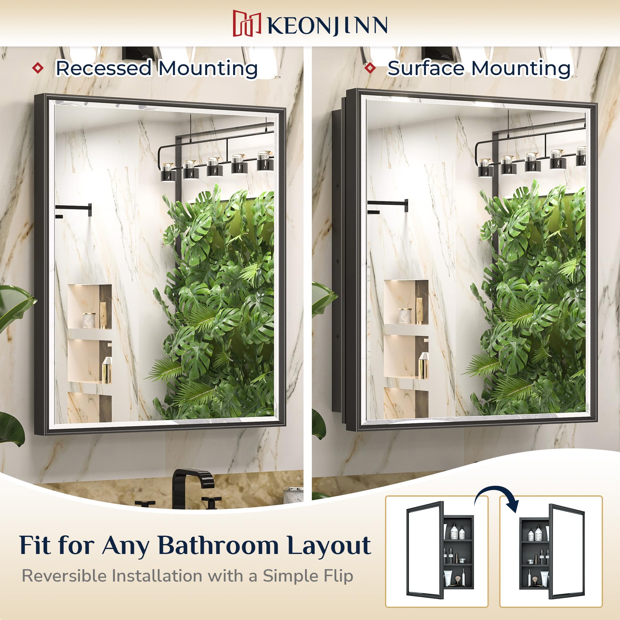 Keonjinn 21" x 27" Black Bathroom Medicine Cabinets with Mirror, Recessed or Surface Wall-Mounted Aluminum Alloy Metal Framed Beveled Mirror, Single Door Farmhouse Bathroom Mirror with Storage Cabinet