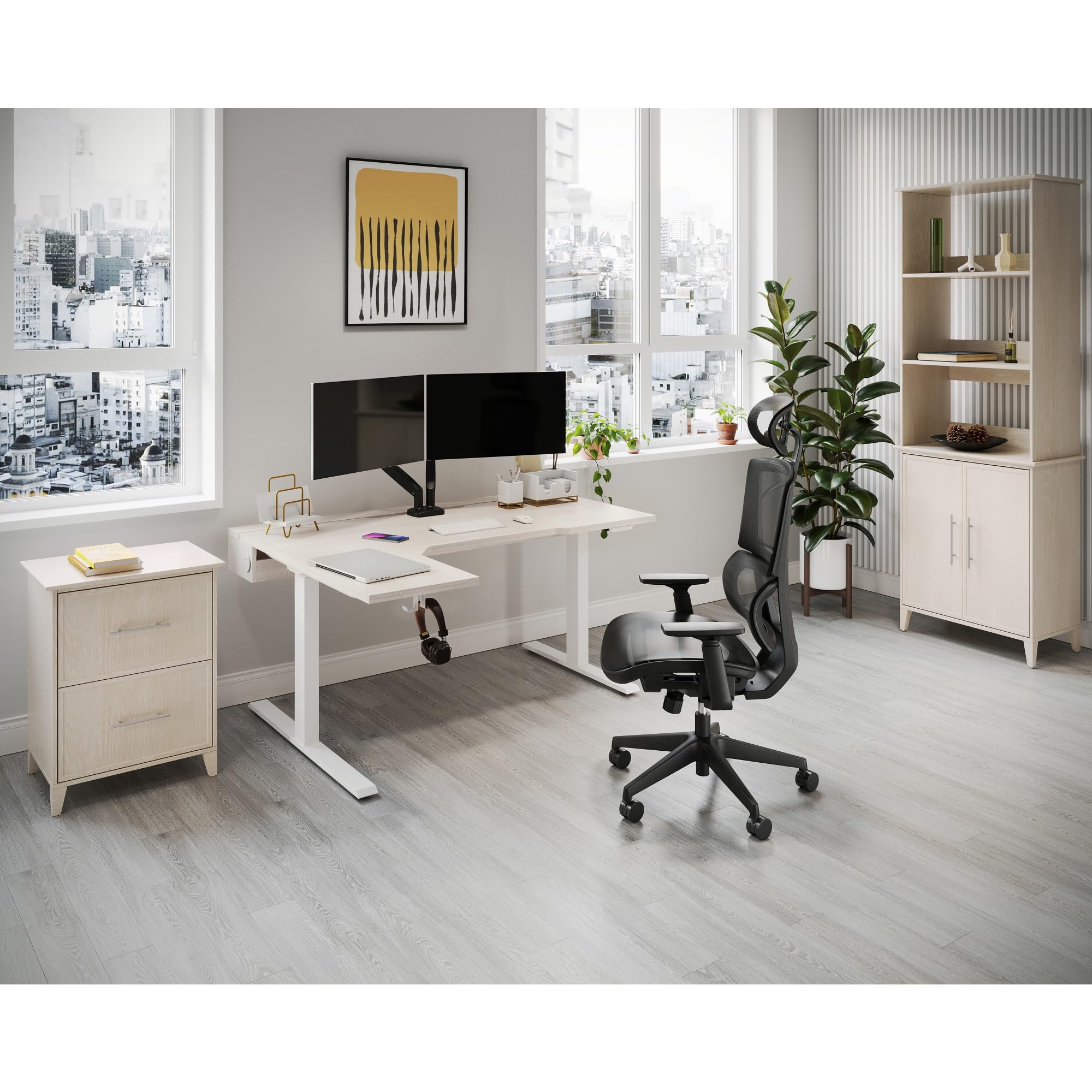 Realspace® Koru Electric 59"W L-Shaped Height-Adjustable Standing Desk with Integrated Power & Charging, Natural Oak