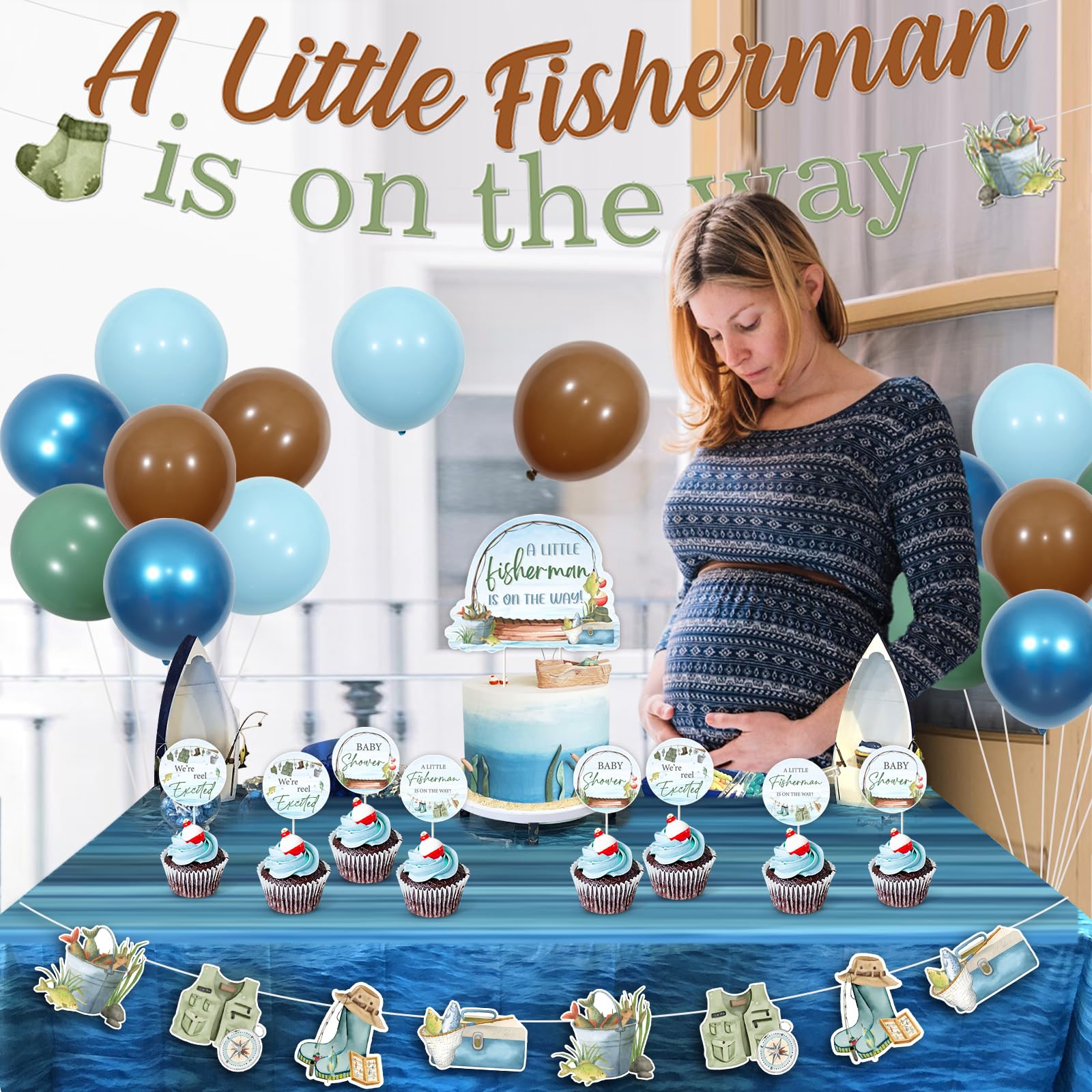 kreat4joy Fishing Baby Shower Decorations for Boy, Gone Fishing Baby Shower Decorations, A Little Fisherman Is on the Way Banner Cake Cupcake Toppers Blue Green Brown Balloons for Fish Baby Shower