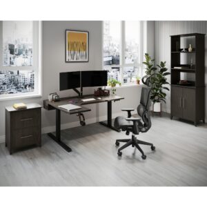 Realspace® Koru Electric 59"W L-Shaped Height-Adjustable Standing Desk with Integrated Power & Charging, Espresso Oak