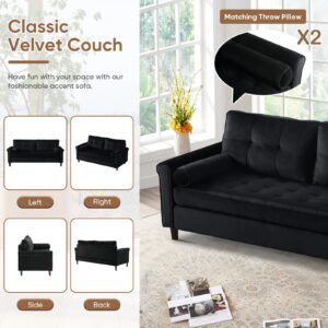 61.5-inch Small Black Couch, Comfy Velvet Upholstered Black Loveseat muebles para la sala Mid-Century Modern Couches Love Seat Mini Sofa for Bedroom Living Room Office Furniture for Small Spaces