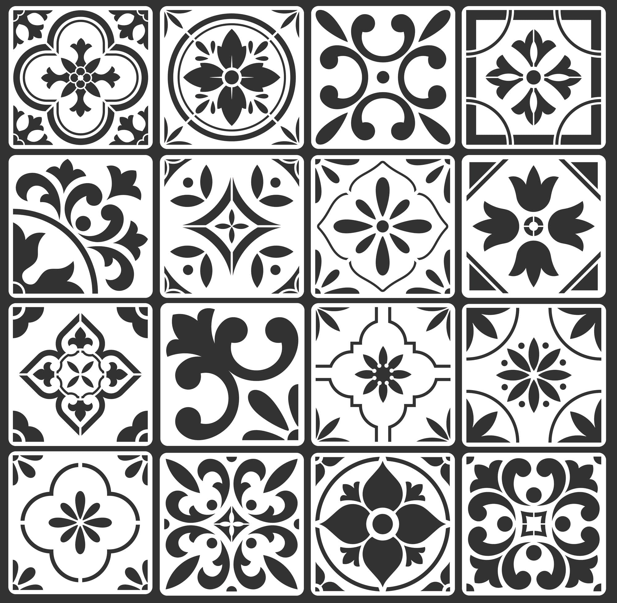 16-Pack Spanish Tile Stencil Set (8X8 Inch) Authentic Patterns for Floor and Wall, Reusable Tile Stencils for Painting on Floors, Furniture, and Canvas, DIY Spanish Talavera Home Décor