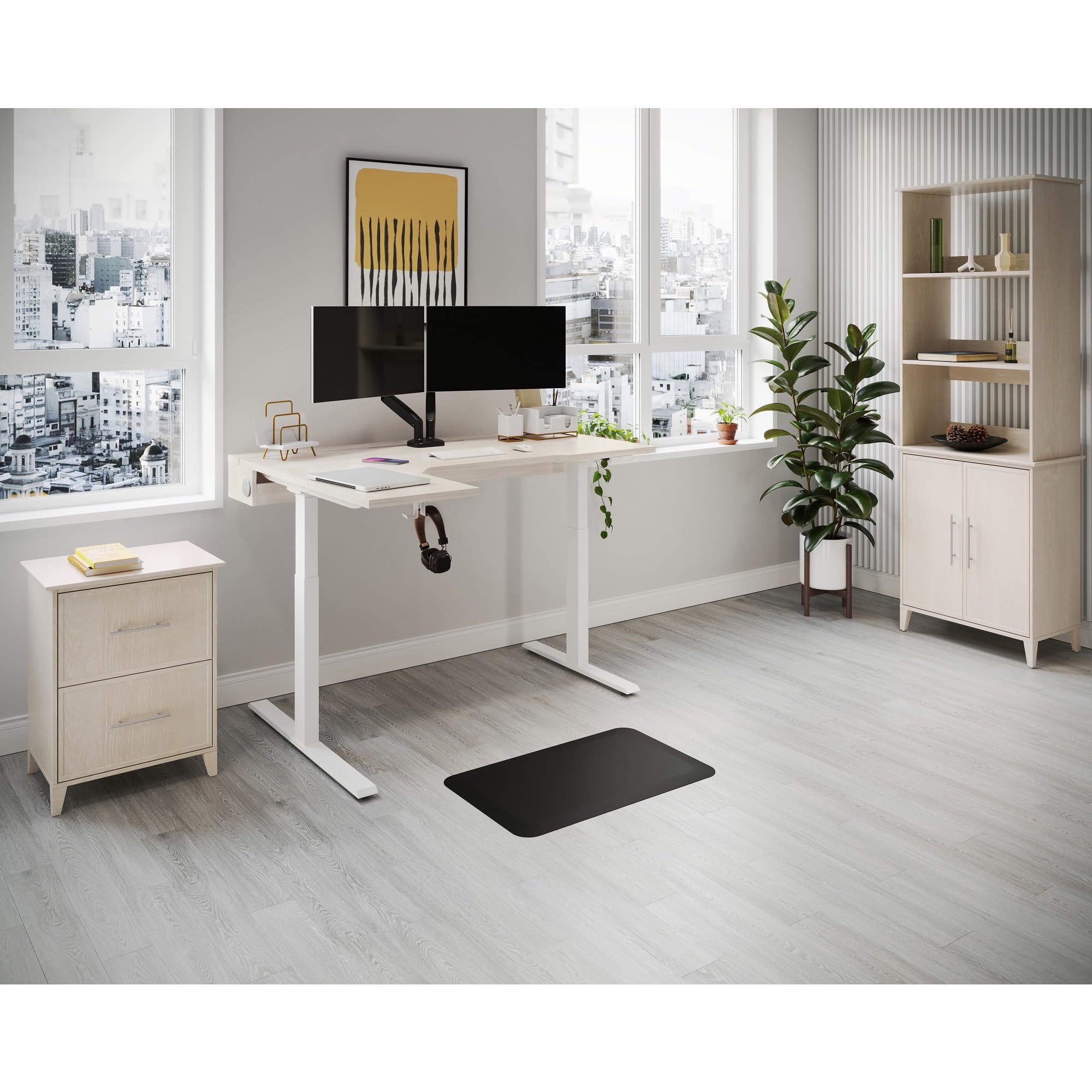 Realspace® Koru Electric 59"W L-Shaped Height-Adjustable Standing Desk with Integrated Power & Charging, Natural Oak