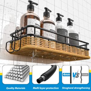 Getsrichfc Shower Caddy, 3 Pack Rustproof Stainless Steel, Weave Rattan, Adhesive Organizer, Large Capacity, Bathroom Storage, Black