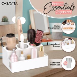 CasaVita White Hair Tool Organizer - Bathroom Countertop Hair Tool Holder for Blow Dryers, Curling Irons, Flat Irons, Accessories, Makeup, and Toiletries - Acrylic Hair Accessories Organizer