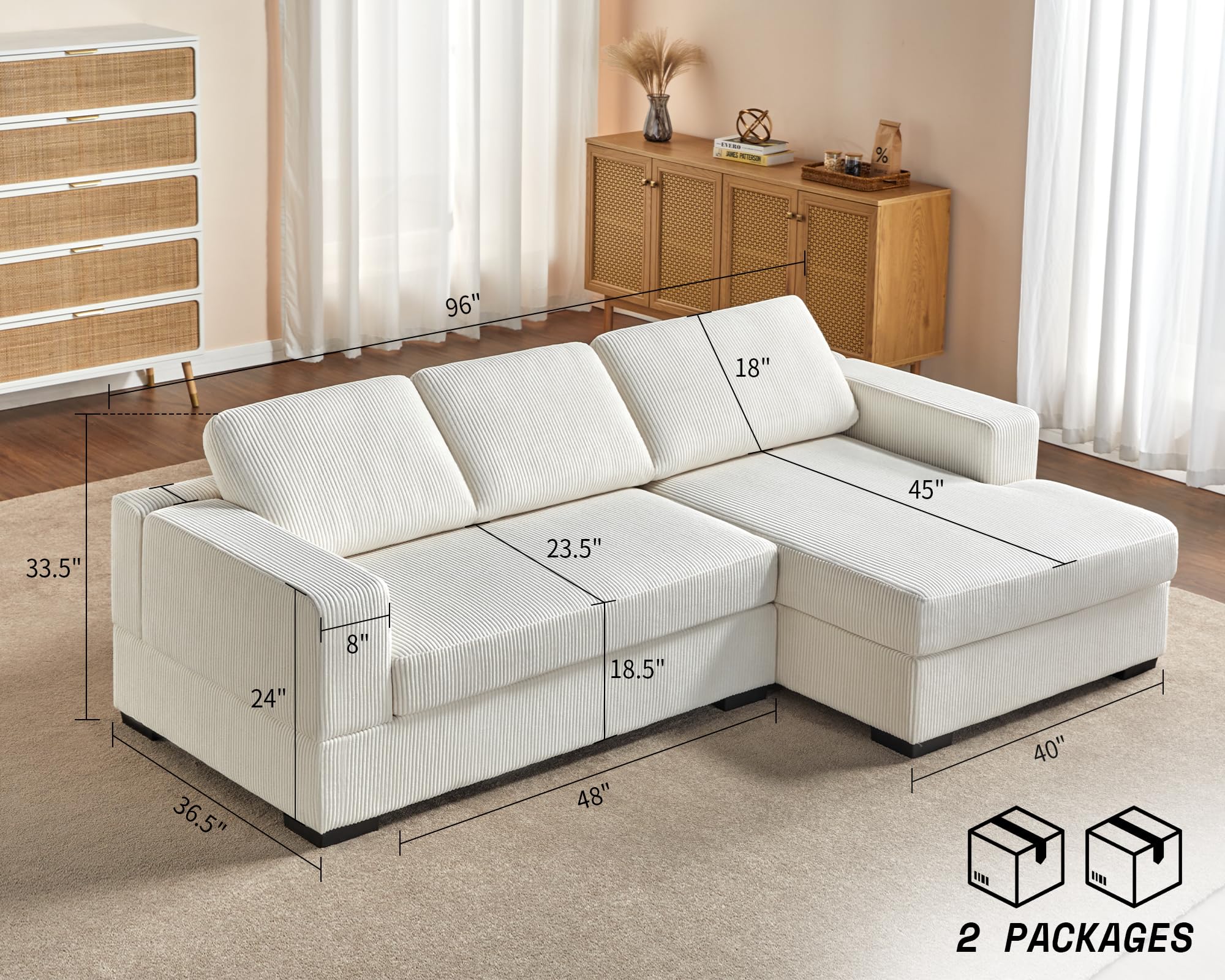 AMERLIFE 96 inch Oversized Sectional Sofa, Modern Couch with Chaise, Comfy Sofa Couch with Right Chaise, White Corduroy Sofa