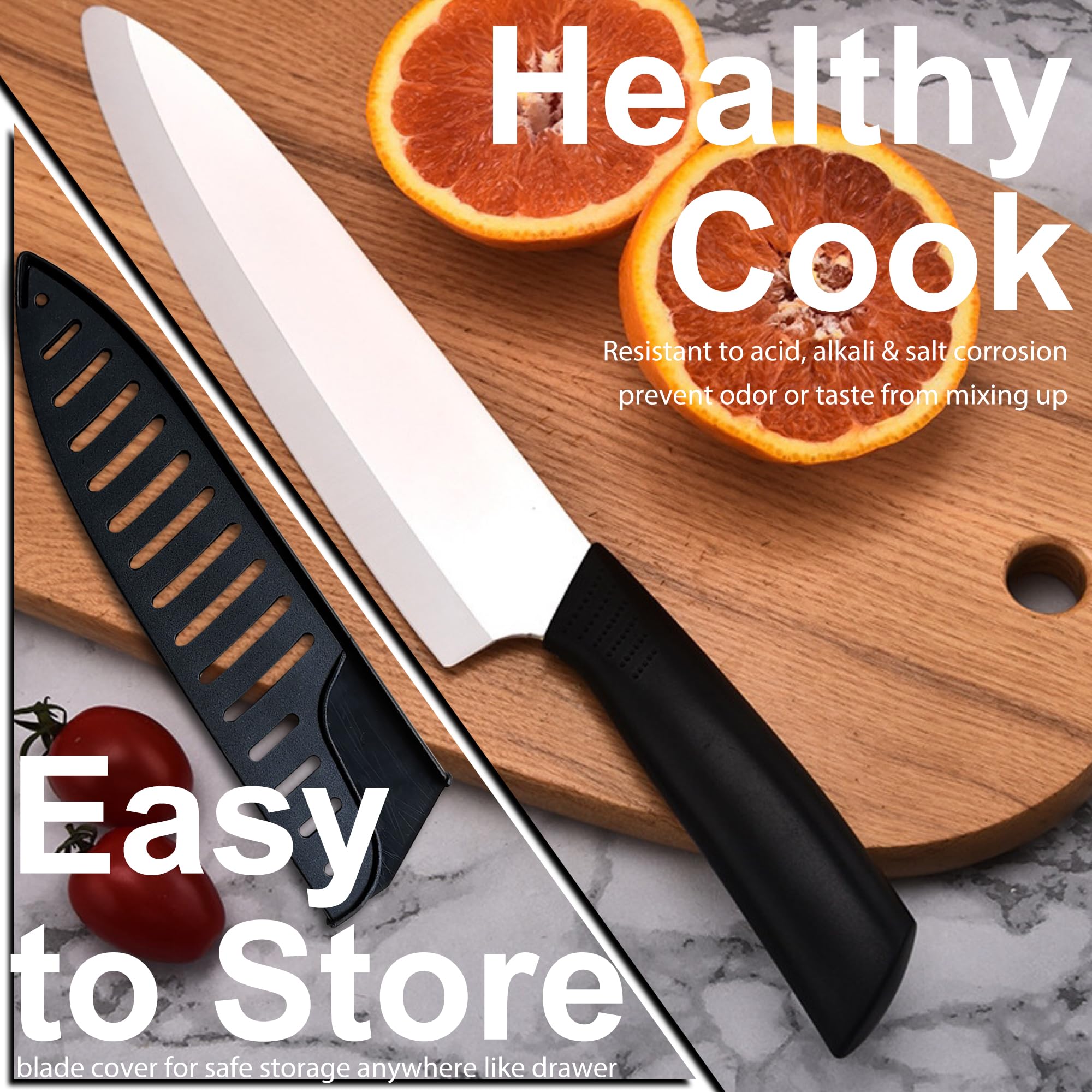 Rynal Ceramic Knife Chef Knife Meats Fruits Vegetables Knife - Sharp Ceramic Kitchen Knife with Sheath Cover - 8 Inch Black