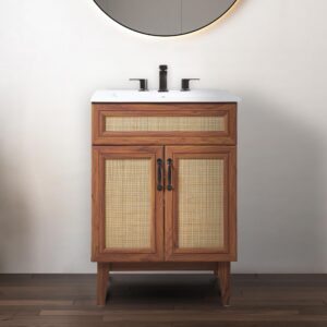 JONATHAN Y VAN1009B Javer 24 in. W x 18 in. D x 33 in. H Rattan Modern Farmhouse 2-Shelf Bath Vanity Cabinet Only (Sink Basin not Included), Walnut