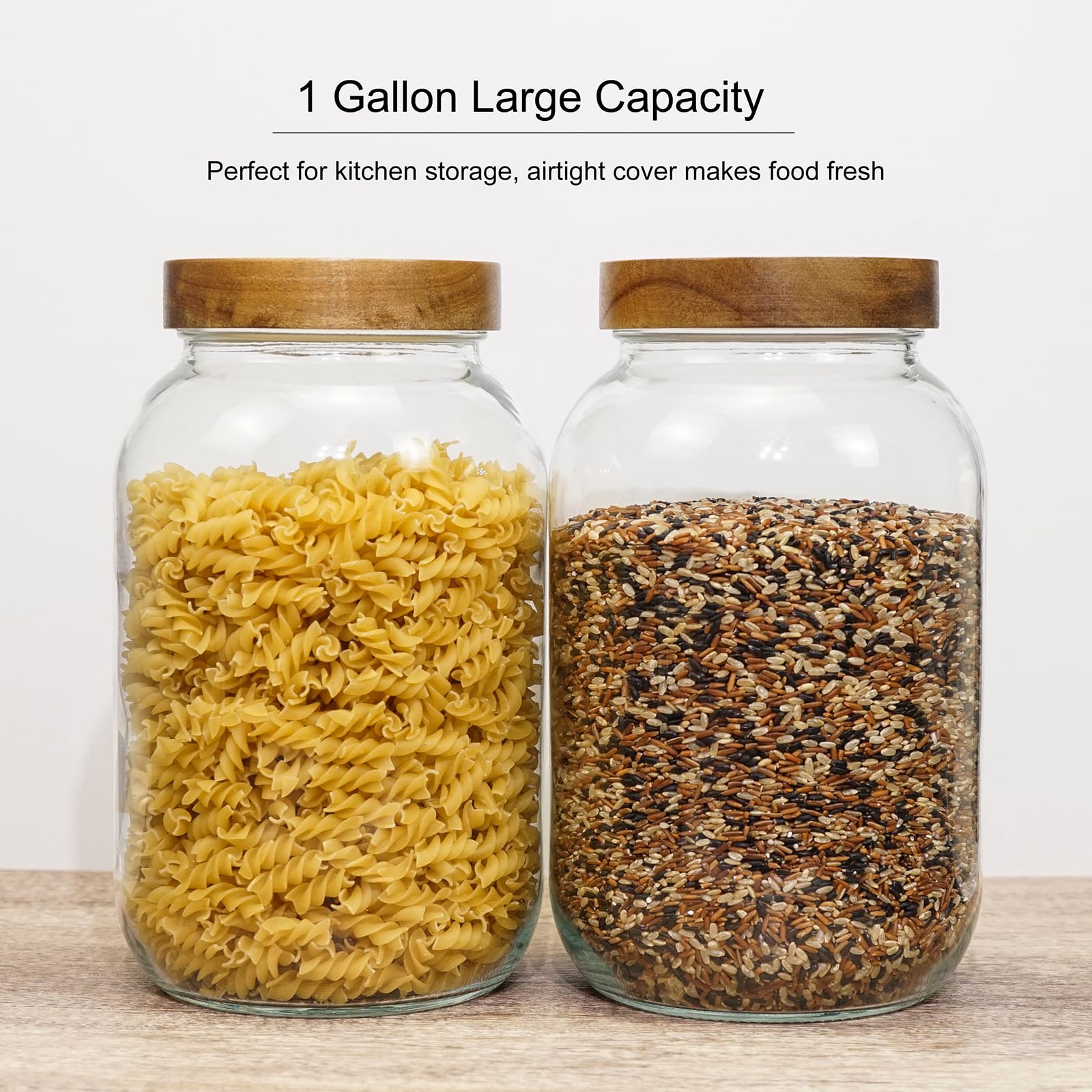 YoenKtss 2 pack 1 Gallon Glass Jars with Airtight Lid, Wide Mouth Mason Jars with Wood Lid, 128 oz Large Glass Jars for Kitchen to Store Flour, Rice, Beans, Grains, Oats, Pasta, Sugar, Cookies