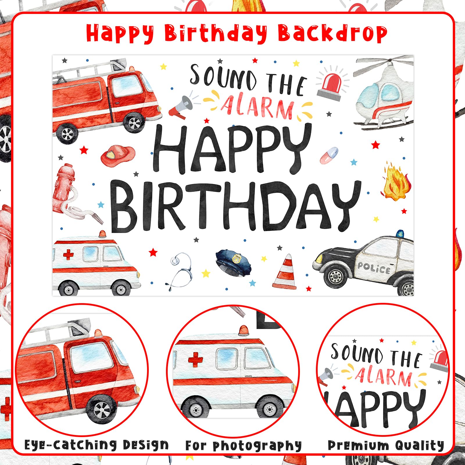 Wonmelody Emergency Birthday Decorations Backdrop Happy Birthday Sound the Alarm Backdrop Banner Rescue Vehicle Birthday Party Supply Team Rescue Backdrop First Responder Transportation Party