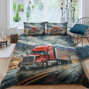 aaharya red semi-trailer quilt cover 3d printed big truck bedding set comforter covers duvet cover 3 pieces with pillowcases for childrens and adults microfiber with zipper closure twin（173x218cm）