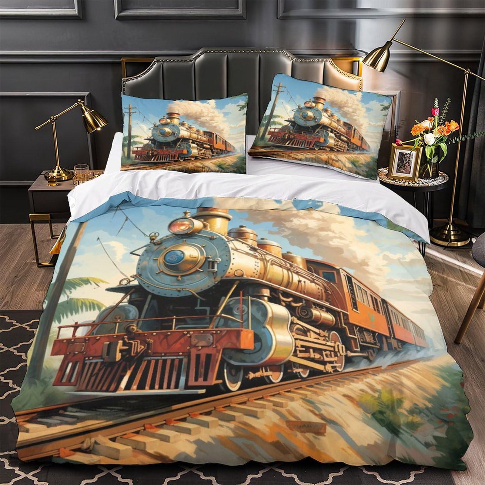 EVMILA Steam Train Comforter Covers for Boys Girls 3D Print Steampunk Duvet Cover Quilt Cover with Pillow Cases with Zipper Closure Bedding Set Soft Microfiber 3 Pieces Twin（173x218cm）