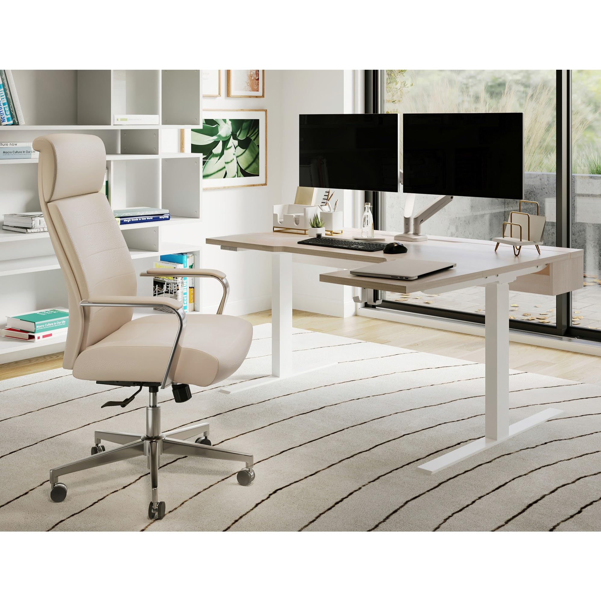 Realspace® Koru Electric 59"W L-Shaped Height-Adjustable Standing Desk with Integrated Power & Charging, Natural Oak