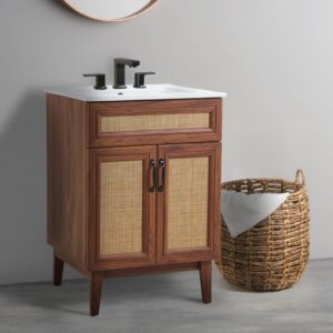 JONATHAN Y VAN1009B Javer 24 in. W x 18 in. D x 33 in. H Rattan Modern Farmhouse 2-Shelf Bath Vanity Cabinet Only (Sink Basin not Included), Walnut