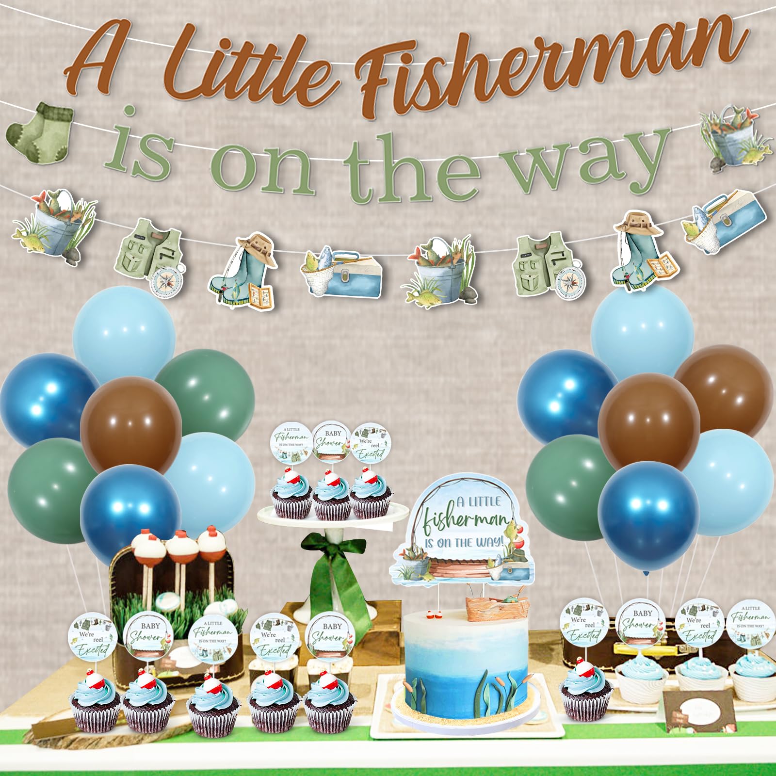 kreat4joy Fishing Baby Shower Decorations for Boy, Gone Fishing Baby Shower Decorations, A Little Fisherman Is on the Way Banner Cake Cupcake Toppers Blue Green Brown Balloons for Fish Baby Shower