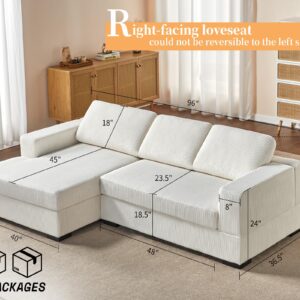 AMERLIFE 96 Inch Oversized Sectional Sofa, Modern Couch with Chaise, Comfy Sofa Couch with Left Chaise, White Corduroy Sofa