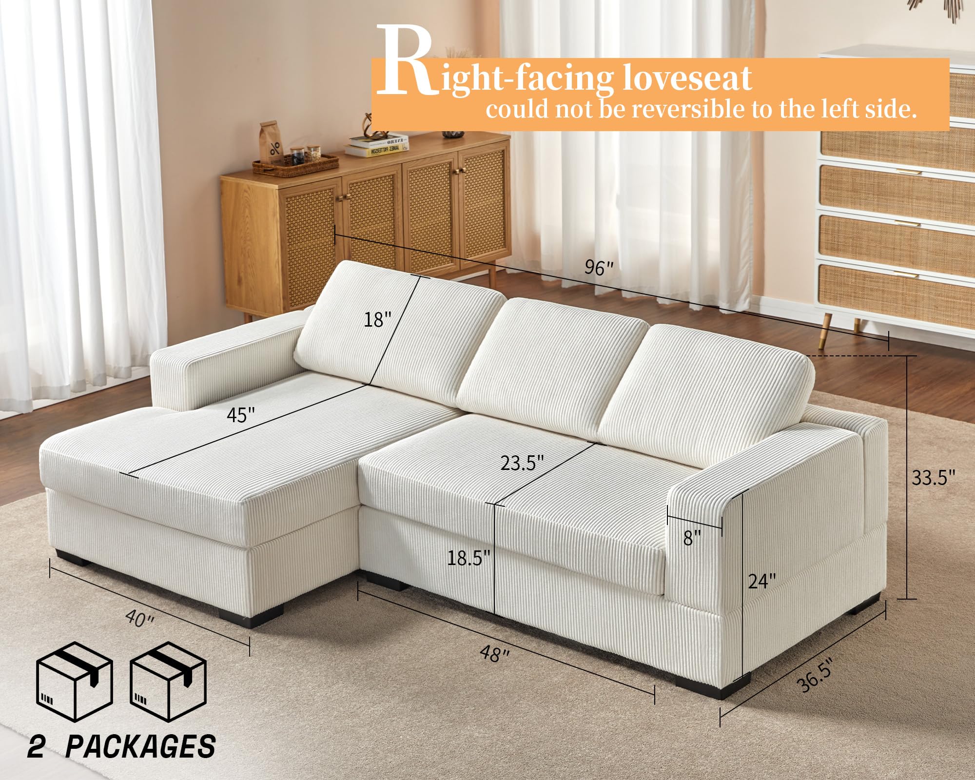 AMERLIFE 96 Inch Oversized Sectional Sofa, Modern Couch with Chaise, Comfy Sofa Couch with Left Chaise, White Corduroy Sofa