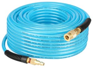 yotoo reinforced polyurethane air hose 1/4" inner diameter by 100' long, flexible, heavy duty air compressor hose with bend restrictor, 1/4" swivel industrial quick coupler and plug, blue