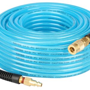 YOTOO Reinforced Polyurethane Air Hose 1/4" Inner Diameter by 100' Long, Flexible, Heavy Duty Air Compressor Hose with Bend Restrictor, 1/4" Swivel Industrial Quick Coupler and Plug, Blue