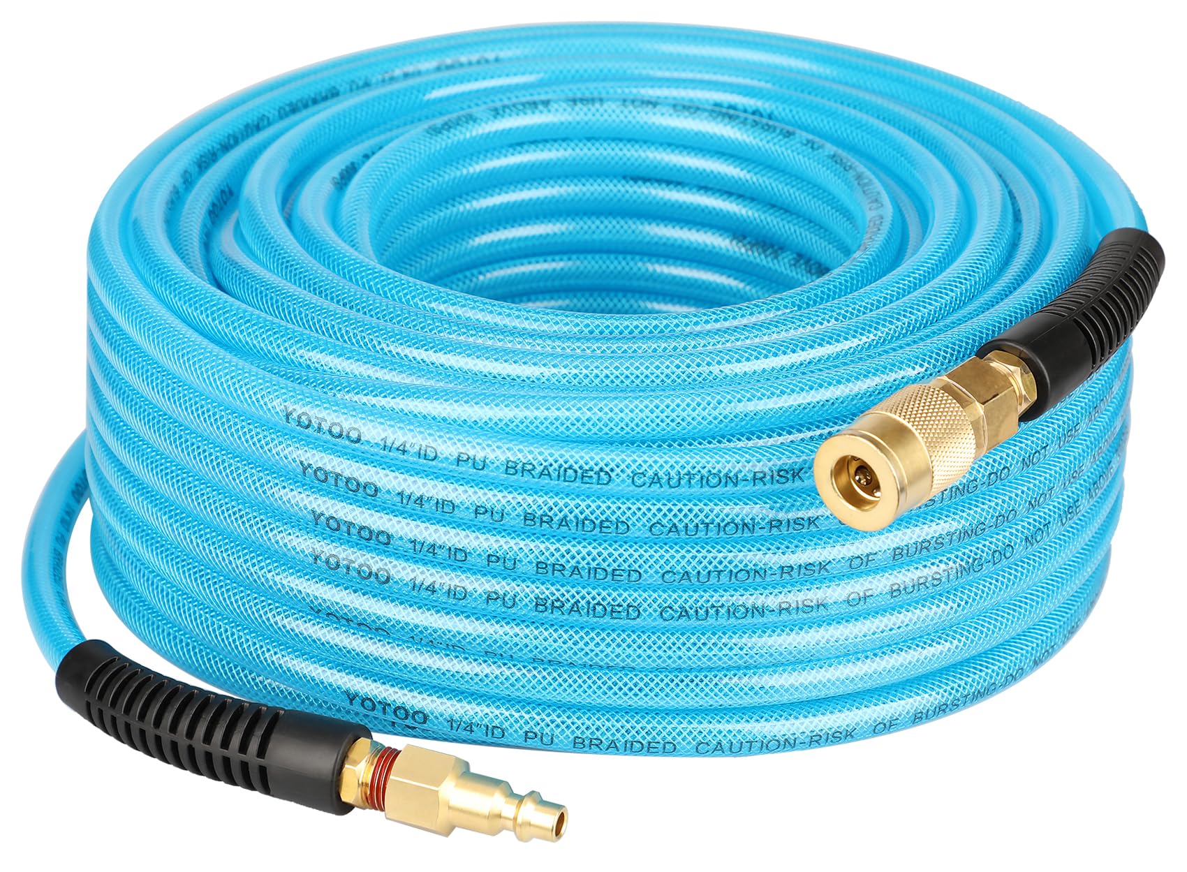 YOTOO Reinforced Polyurethane Air Hose 1/4" Inner Diameter by 100' Long, Flexible, Heavy Duty Air Compressor Hose with Bend Restrictor, 1/4" Swivel Industrial Quick Coupler and Plug, Blue