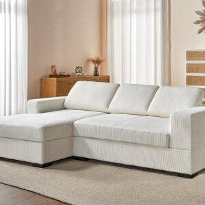 AMERLIFE 96 Inch Oversized Sectional Sofa, Modern Couch with Chaise, Comfy Sofa Couch with Left Chaise, White Corduroy Sofa