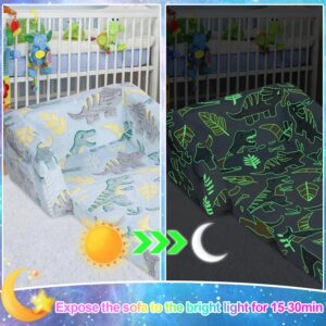 Kirumie Fold Out Kids Sofa Couch, Children 2 in 1 Convertible Sofa to Lounger, Flip Out Sofa Chair with Blanket, Glow in The Dark Dinosaur Theme Toddler Sofa, Sofa Bed Toddler Chairs for Boys Girls