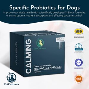 PetCultures Calm PRO: Calming Care for Dogs, Anxiety and Stress Relief Supplements with L-Tryptophan & Probiotics for Dogs, USA-Made Powder, Dog Probiotics, Dog Anxiety Relief, 30 pk