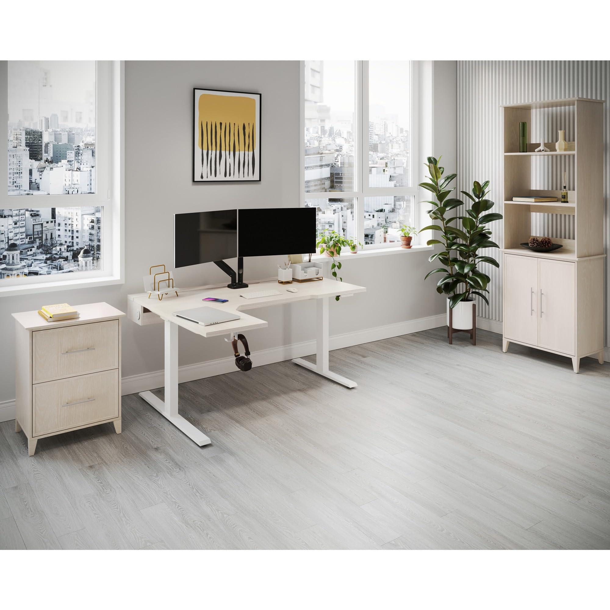 Realspace® Koru Electric 59"W L-Shaped Height-Adjustable Standing Desk with Integrated Power & Charging, Natural Oak