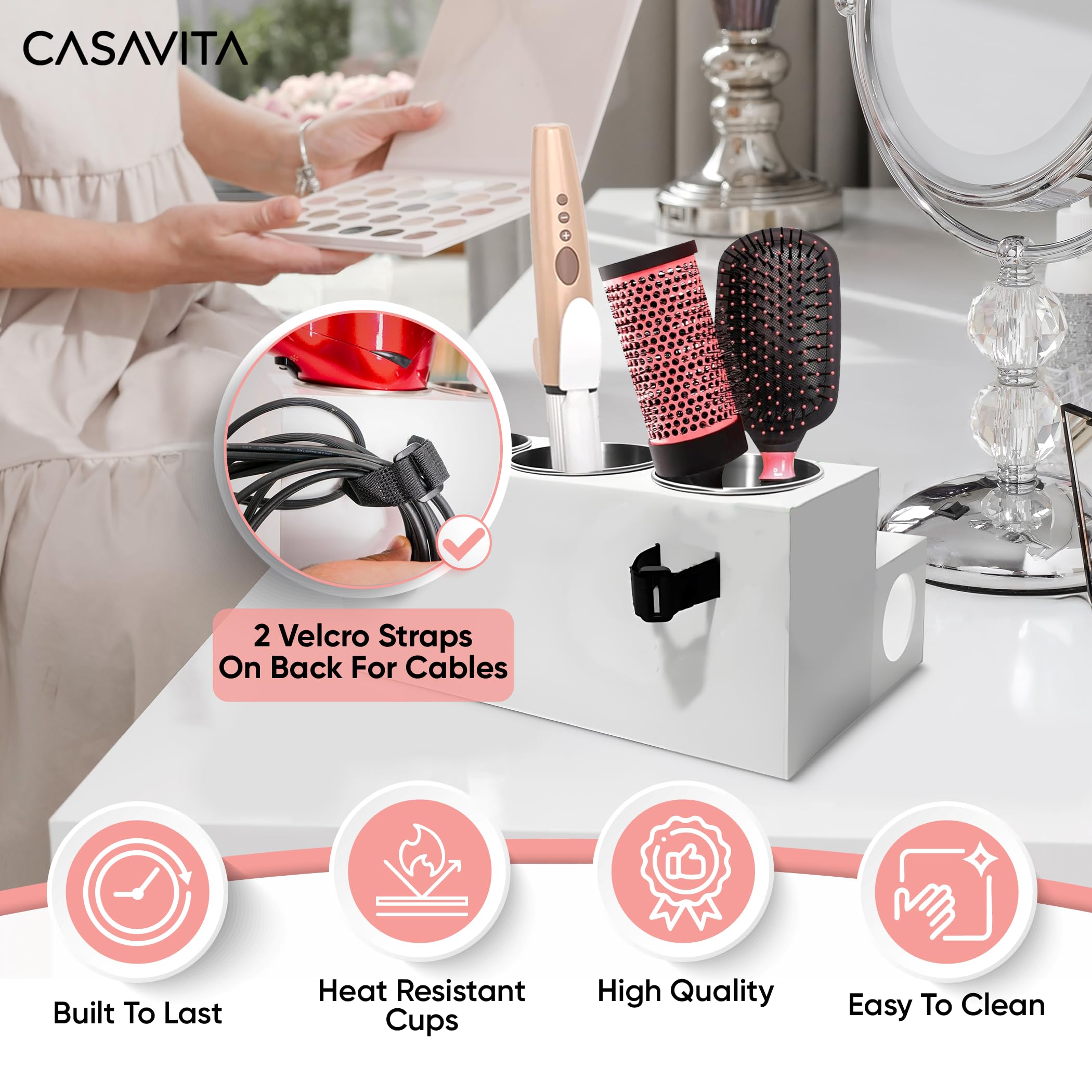 CasaVita White Hair Tool Organizer - Bathroom Countertop Hair Tool Holder for Blow Dryers, Curling Irons, Flat Irons, Accessories, Makeup, and Toiletries - Acrylic Hair Accessories Organizer