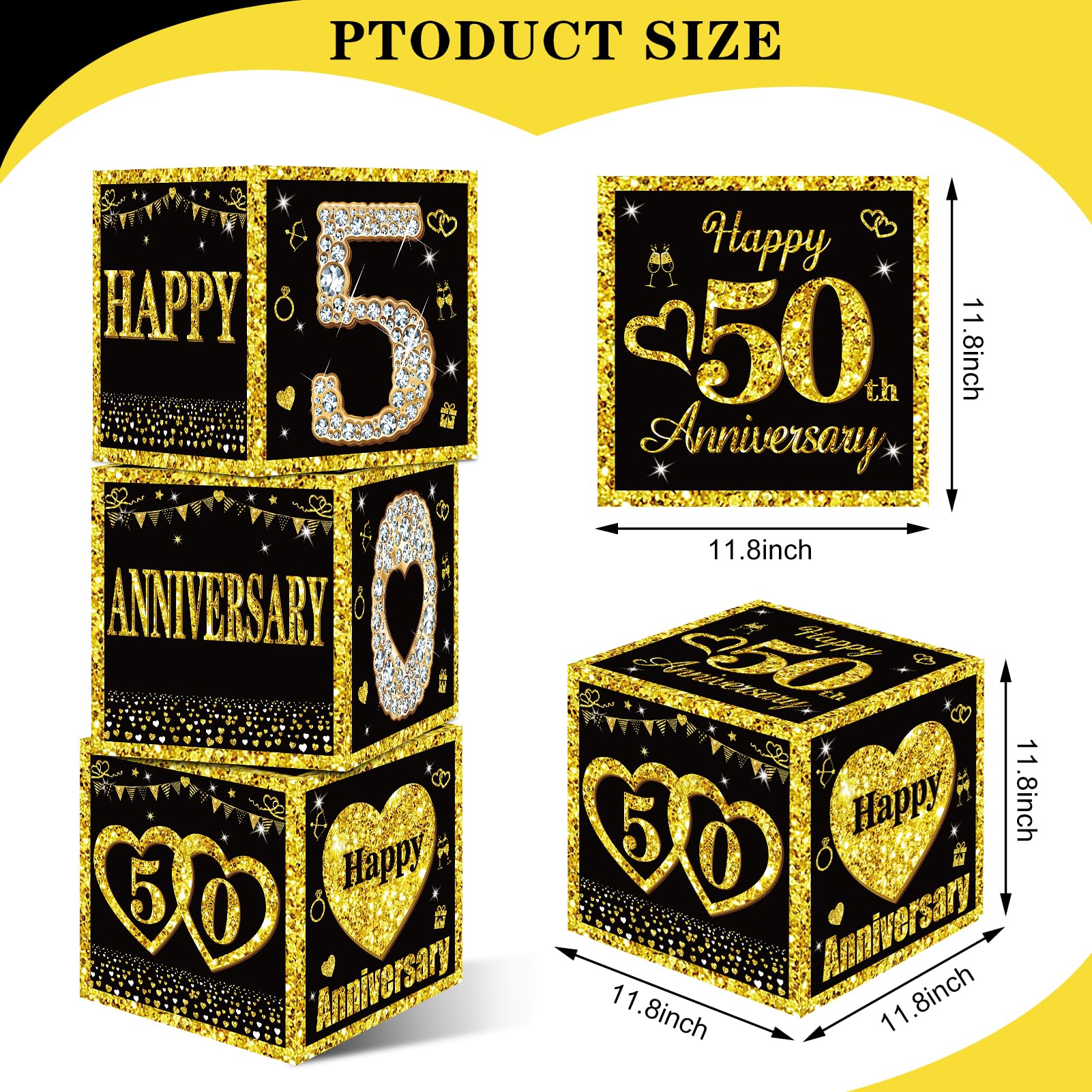 Zirtorei 3Pcs 50th Wedding Anniversary Decorations Boxes, Black Gold Happy 50 Anniversary Balloons Boxes Party Supplies, Fifty Year Old Marriage Anniversary Theme Cardboard Box